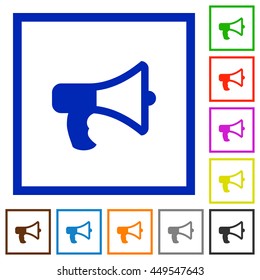 Set of color square framed Megaphone flat icons