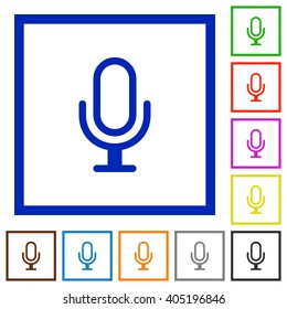 Set of color square framed microphone flat icons on white background