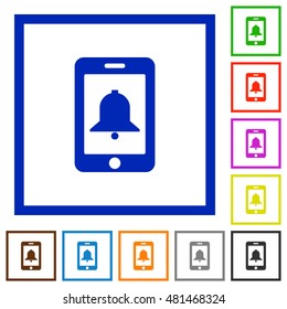 Set of color square framed mobile alarm flat icons