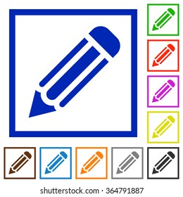 Set of color square framed pencil flat icons on white background