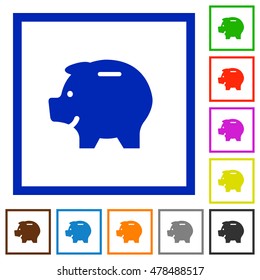 Set of color square framed piggy bank flat icons