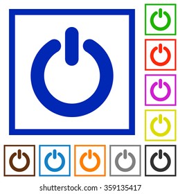 Set of color square framed Power switch flat icons on white background