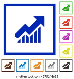 Set of color square framed rising graph flat icons on white background