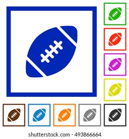 Set of color square framed rugby ball flat icons, football