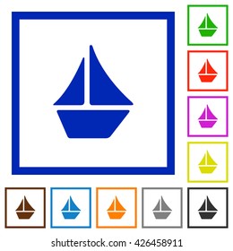 Set of color square framed sailboat flat icons