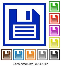 Set of color square framed Save flat icons on white background