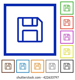 Set of color square framed save flat icons on white background