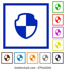 Set of color square framed shield flat icons on white background