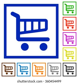Set of color square framed Shopping cart flat icons on white background