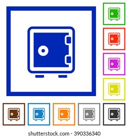 Set of color square framed strong box flat icons on white background