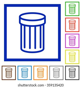 Set of color square framed trash flat icons on white background