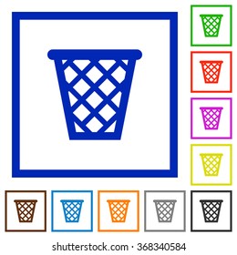 Set of color square framed trash flat icons on white background
