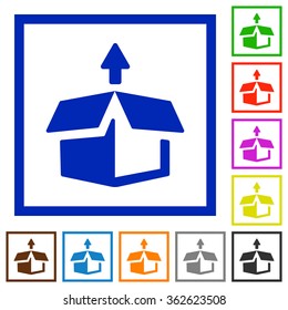 Set of color square framed unpack flat icons on white background