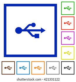Set of color square framed USB connection flat icons on white background
