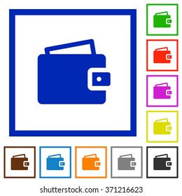 Set of color square framed wallet flat icons on white background