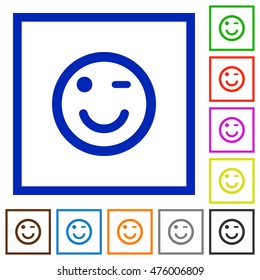 Set of color square framed Winking emoticon flat icons