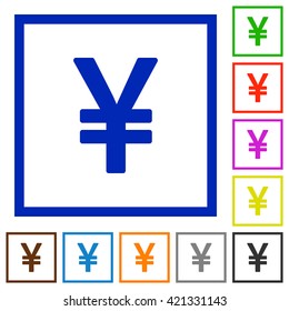 Set of color square framed yen sign flat icons on white background