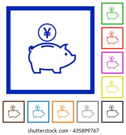 Set of color square framed Yen piggy bank flat icons