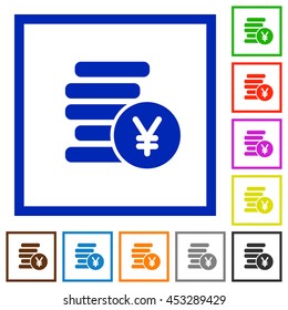 Set of color square framed Yen coins flat icons