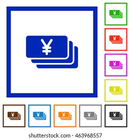 Set of color square framed Yen banknotes flat icons
