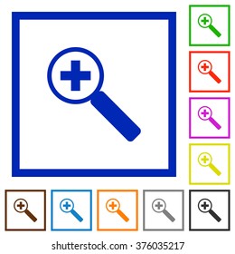 Set of color square framed Zoom in flat icons on white background