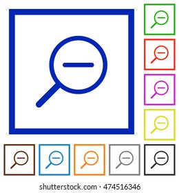 Set of color square framed zoom out flat icons