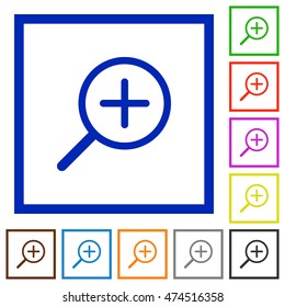 Set of color square framed zoom in flat icons