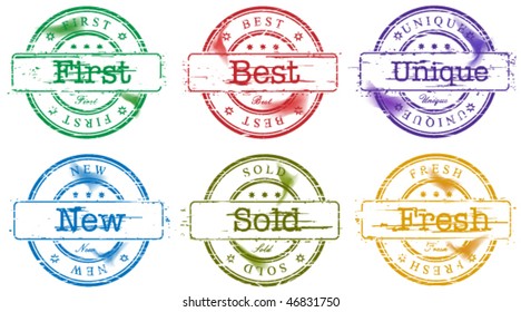 Set of color stamps with text new, sold, best, first and fresh