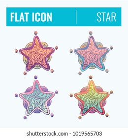 Set of color star sketched icons. Collection of hand drawn stickers with street food meal. Design elements for logo, menu, ads, promo poster or banner.
