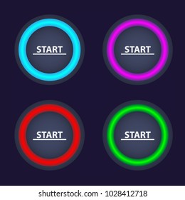Set of color Start buttons. Round buttons with color illumination. Vector start buttons.