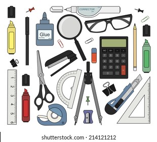 Set of color stationery tools: marker, paper clip, pen, binder, clip, ruler, glue, zoom, scissors, scotch tape, stapler, corrector, glasses, pencil, calculator, eraser, knife, compasses, protractor