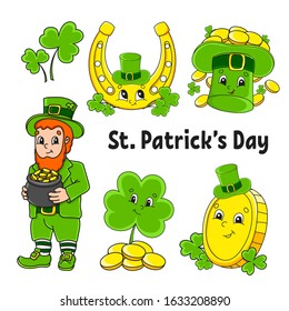 Set of color stickers for kids. Leprechaun with a pot of gold, gold coin, green clover, hat, golden horseshoe. St. Patrick 's Day. Cartoon characters. Black stroke. Isolated vector illustration.