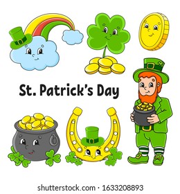 Set of color stickers for kids. Leprechaun with a pot of gold, gold coin, clover, golden horseshoe, magic rainbow. St. Patrick 's Day. Cartoon characters. Black stroke. Isolated vector illustration.