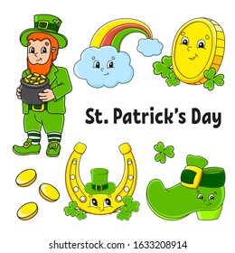 Set of color stickers for kids. Leprechaun with a pot of gold, boot, gold coin, clover, magic rainbow, horseshoe. St. Patrick 's Day. Cartoon characters. Black stroke. Isolated vector illustration.