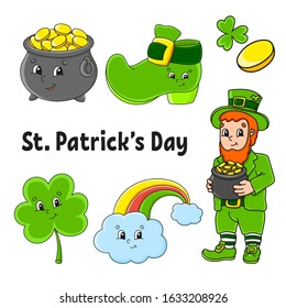 Set of color stickers for kids. Leprechaun with a pot of gold, boot, gold coin, clover, magic rainbow. St. Patrick 's Day. Cartoon characters. Black stroke. Isolated vector illustration.