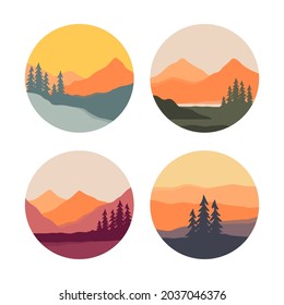 Set of color stickers with mountains and spruces. Vector illustration.