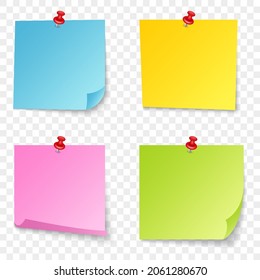 Set of Color Sticky Memo with Red Pins. Blank Adhesive Stickers for Board on Transparent Background. Collection of Realistic Square Notice Pinned of Thumbtack. Isolated Vector Illustration.