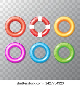 Set of color swimming inflatable rings isolated on transparent background. swiming water pool rubber toy collection. Realistic summer 3d illustration. 