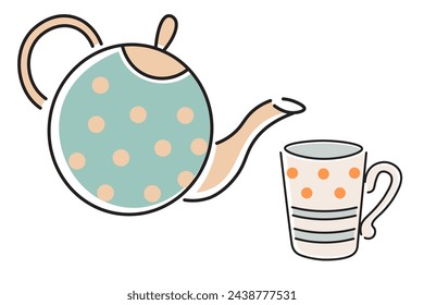 set of color teapot and cup in flat style in vector. template for greeting card design sticker poster