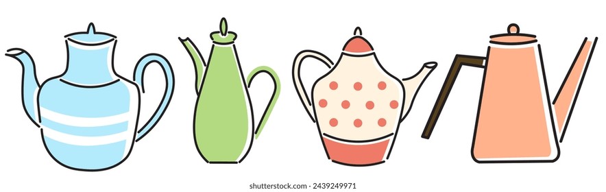 conjunto de tetera de color en estilo plano en vector. plantilla para diseño de tarjeta de felicitación