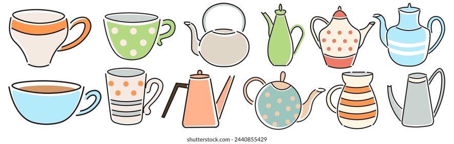 set of color teapots and cups in flat style in vector. template for greeting card design sticker poster