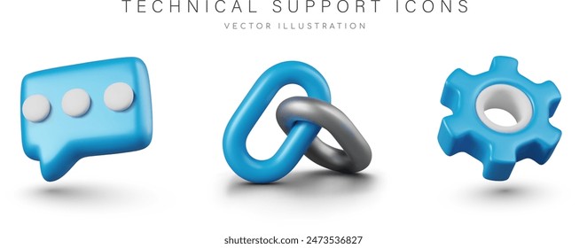 Set of color technical support icons in 3D style. Online help, settings, repairs