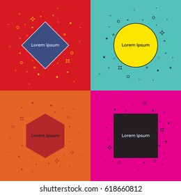 A set of color templates of vector frames from simple geometric shapes with a background of particles. A set of modern motley frames for covers, posters, banners and flyers. Vector illustration