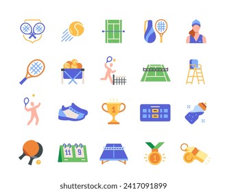 Set of color tennis related icons. Bright symbols with tennis racket, athlete, referee chair, badminton, net and competition court. Cartoon flat vector collection isolated on white background