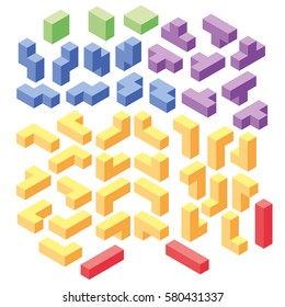 Set Of Color Tetris Blocks, Isometric Illustration, 3d Puzzle