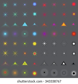 Set of color themed snowflakes, starbursts, sparkles, flashes, sparks and stars vector symbols
