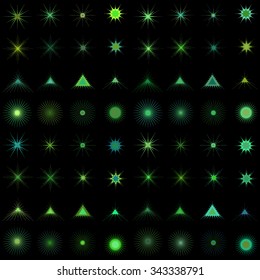Set of color themed snowflakes, starbursts, sparkles, flashes, sparks and stars vector symbols
