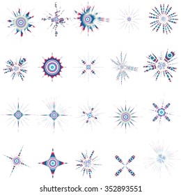 Set of color themed snowflakes, starbursts, sparkles, flashes, sparks, fireworks and stars vector symbols