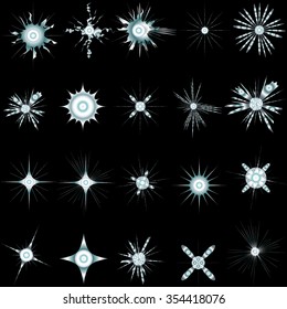 Set of color themed snowflakes, starbursts, sparkles, flashes, sparks, fireworks and stars vector symbols