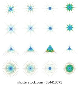 Set of color themed snowflakes, starbursts, sparkles, flashes, sparks, fireworks and stars vector symbols